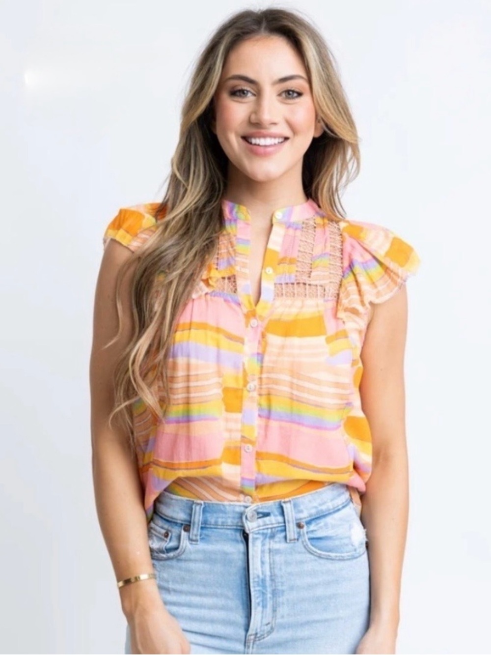 Karlie Pink and Yellow Striped Flutter Sleeve Blouse